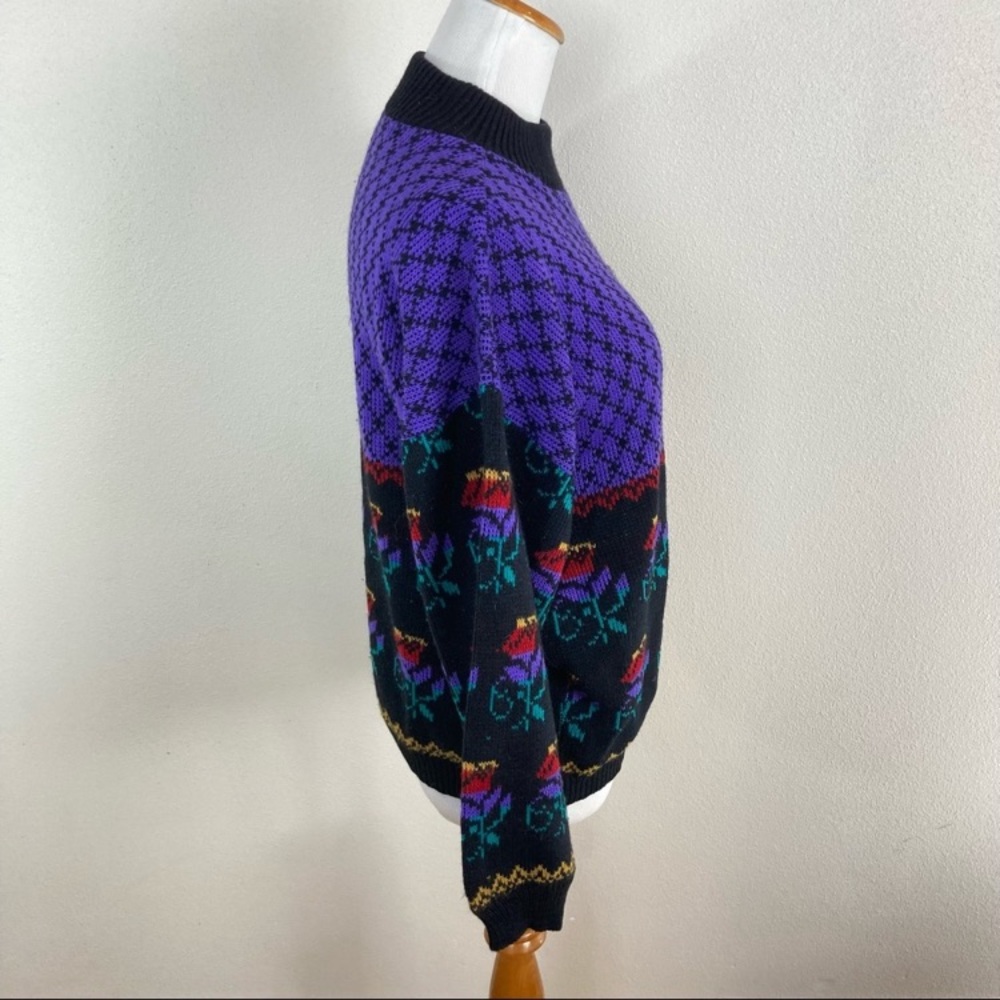 Vintage 80s Arielle Rose Floral Knit Sweater‎ Black Purple Women’s Sz Medium - Picture 3 of 4